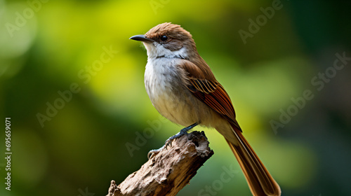 a small bird sitting on a branch in the sun photo