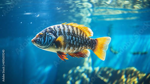 a fish with a blue and yellow stripe swimming in a tank photo