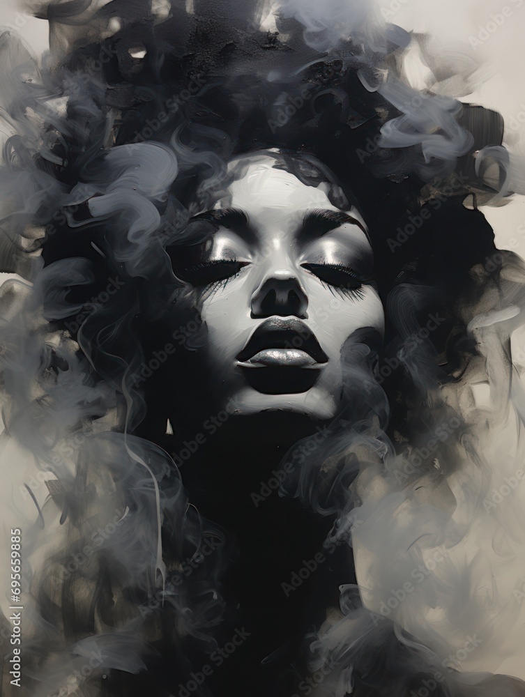 Monochrome Minimalism: Expressive Black Women's Portrait in Artistic Popart Style, Light Tones & Rough Brushstrokes. Generative AI