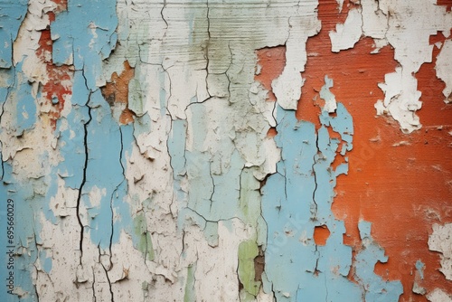 Close-up image of the peeling paint effect on an old wall  emphasizing texture and decay.