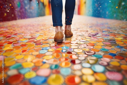Close-up of a person's feet walking on a colorful, abstract path. photo