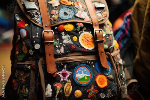 Close-up of a traveler's backpack with whimsical, colorful patches on a magical journey photo