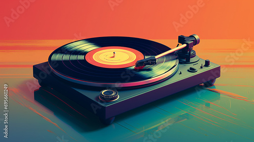 A vintage record player on a retro gradient background. photo