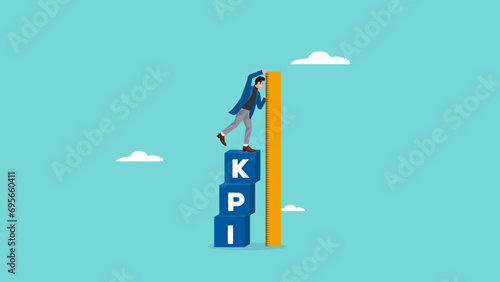 KPI, key performance indicator measurement to evaluate business success illustration with concept of businessman who is measuring a stack of KPI boxes to measure business performance