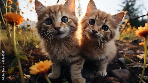 cute red kittens making selfie in park.