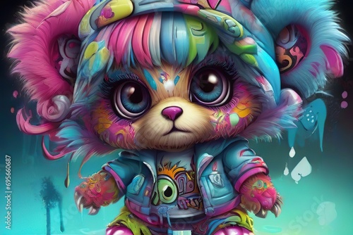 A Graffiti girl whimsical monster Graffiti hip hop teddy bear like cute Chibi eyed creature, Hip Hop, extremely detailed, intricate, Colorful, highly detailed, sharp focus, darling, high light, photor photo