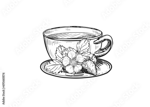 Hand drawn sketch black and white illustration cup of tea strawberry, leaf, berry, flower. Vector illustration. Elements in graphic style label, sticker, menu, package. Engraved style.