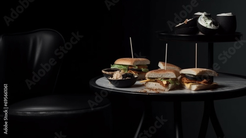 Hamburgers on a black background. The concept of fast food. generativa IA