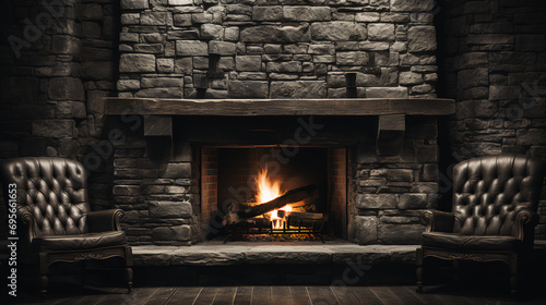 Log cabin - rustic stone fireplace - -resort - vacation - travel - holiday - trip travel - fire photo