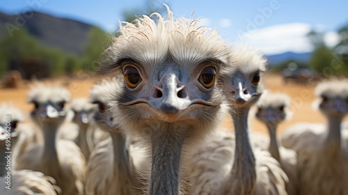 ostriches making selfie on farm.