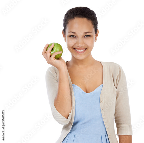 Portrait, apple and happy woman in studio with healthy food choice, healthcare or nutrition benefits. Face of person or model with green fruit for detox, self care or vegan diet on a white background