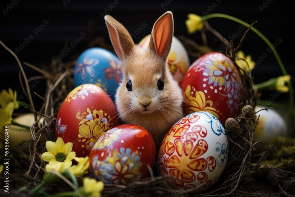 Easter bunny with Easter eggs. Generative AI.