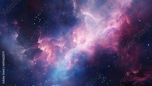 Space background with realistic nebula and shining stars. Colorful cosmos with stardust and milky way. Magic color galaxy. Infinite universe and starry night. AI