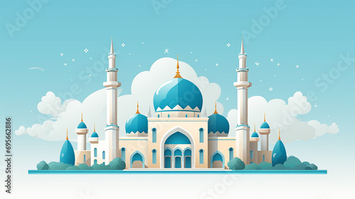 cute cartoon illustration of a mosque in paper cut style with cloud and blue sky