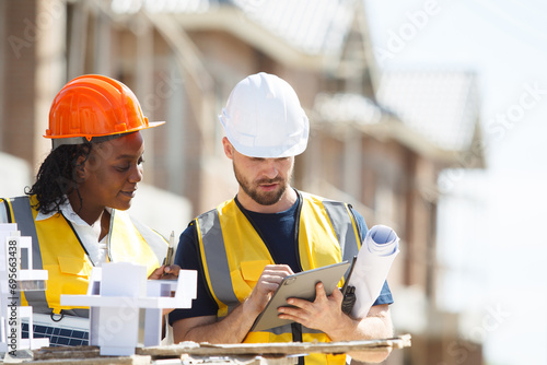 Professional - senior civil engineers inspecting or working in construction site. photo