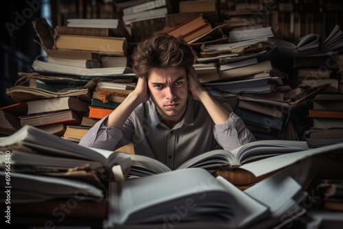 A tired and disappointed guy is studying intensively behind a stack of notebooks and books. frustrated and stressed. the challenges of learning