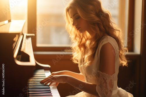 Beautiful young woman play a piano near the window. Generative AI