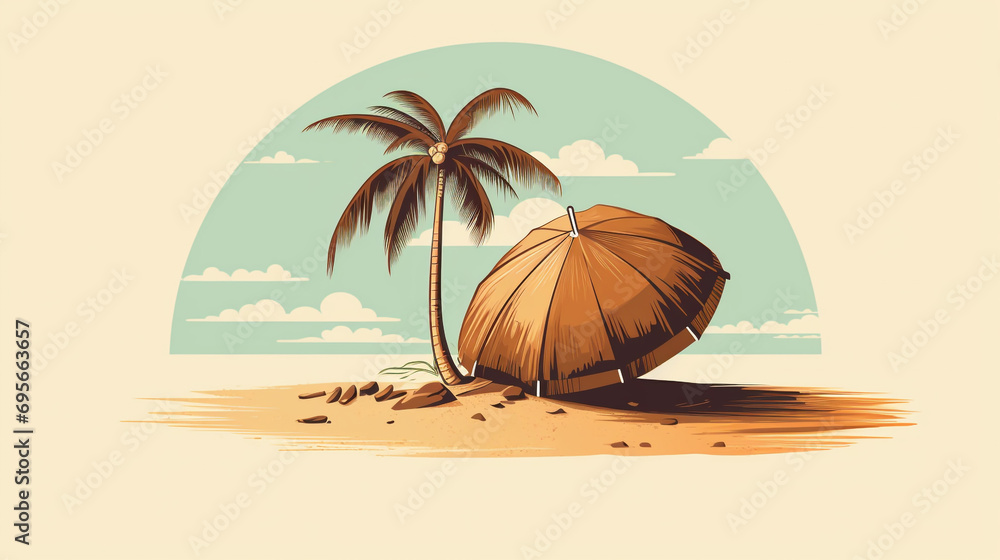 A tropical and refreshing illustration featuring a coconut shell with a straw and an umbrella, creating a laid-back and beachy vibe - obrazy, fototapety, plakaty 