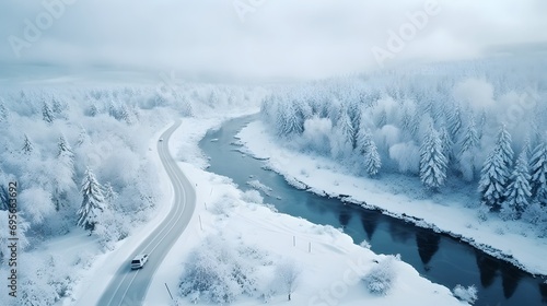 Aerial top view of snow winter road with cars over blue river © Ziyan
