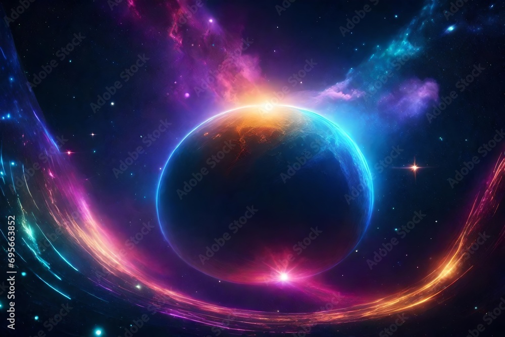 Abstract cosmic background with stars and nebulae in neon. fantasy scene of the future. Abstract futuristic space background with a planet, neon lights, and a frigid planet.