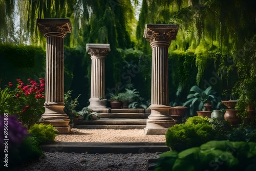 pillars and a garden scene wallpaper backdrop.