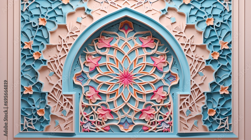 greeting card with color ornament patterned stone relief in arabic architectural style of mosque