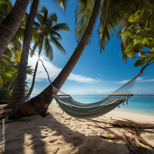 A hammock gently swaying between two palm trees on a sandy beach
