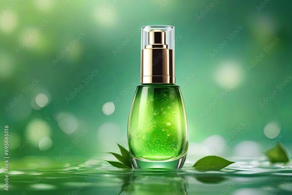 cosmetic Bottle package skin care cream, Green tea serum set, Bokeh and Water background cosmetic Bottle package skin care cream, Green tea serum set, Bokeh and Water background