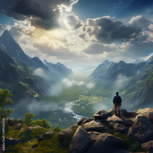 A lone hiker standing on a rocky outcrop overlooking a serene valley.