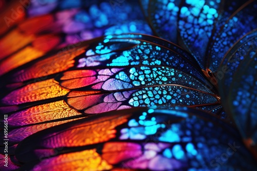Close-up shot of a butterfly's wings, showing the scale effect in vibrant colors.