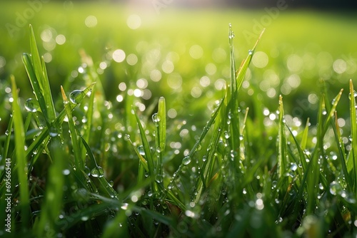 Close-up shot of the glittering effect of morning dew on grass, highlighting freshness and new beginnings.