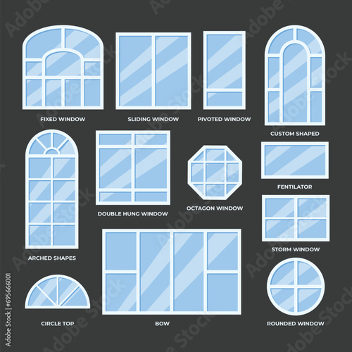 Set of different types of window collection, or interior and exterior use, various windows with white frames, Hung glass for architecture or exterior. Architecture Glass window set. 