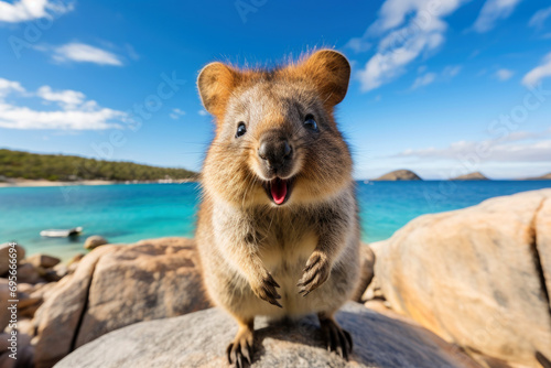 A joyful quokka invites you to visit Rottnest Island in Perth, Australia. Generative AI © Phichitpon