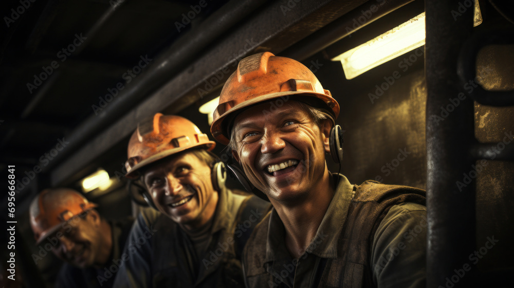 Group of workers working in a metallurgical plant smiling and laughing