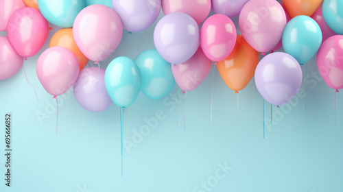 Colorful balloons on pastel blue background.