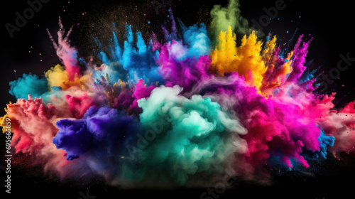 Colorful powder explosion isolated on black background. Abstract colored cloud.