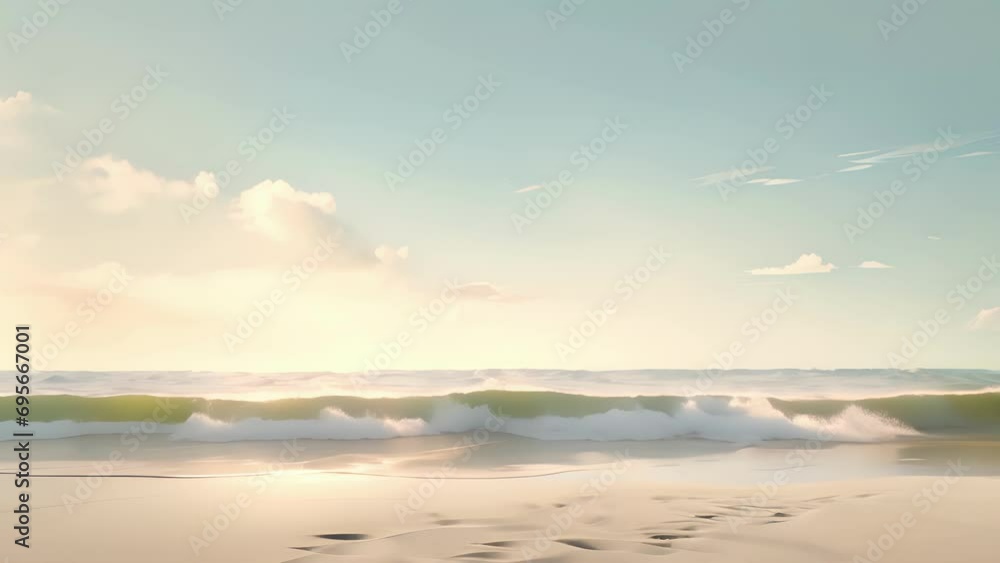 Minimal animation of a serene beach scene with gentle waves moving back and forth in slow motion. Minimal animation of a serene beach scene with gentle waves moving back and forth in slow motion.