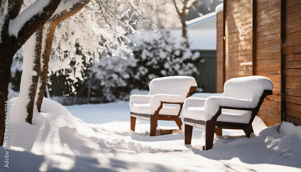 Snow-covered backyard with trees and outdoor furniture on a winter day Snow-covered backyard with trees and outdoor furniture on a winter day