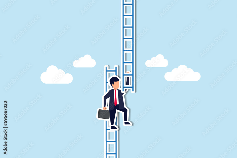 Change job to get growth opportunity, new career path development, transform business to improve for success or achieve target concept, confidence businessman climb up ladder to change to new path. - obrazy, fototapety, plakaty 