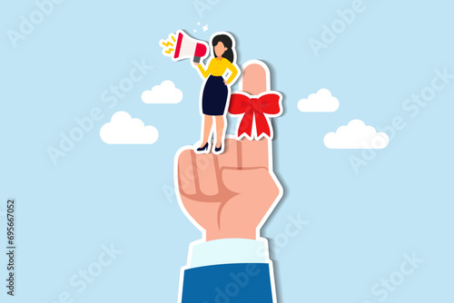 Finger string reminder, don't forget to remember, assistance or secretary to remind important event concept, businesswoman assistance tie red string on boss finger and use megaphone to remind him.