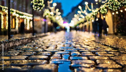 Blurred Christmas market scene on rain-soaked urban street at night, vibrant lights, bustling crowd, festive ambiance