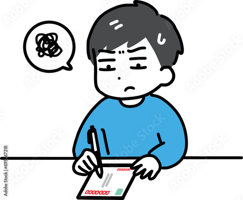 困った顔でハガキを書く私服の若い男性(上半身)