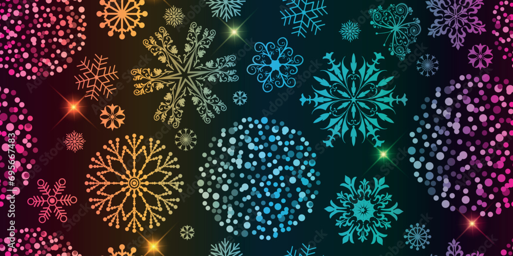 Vector seamless festive pattern with rainbow gradient balls and snowflakes and stars on a black background - obrazy, fototapety, plakaty 