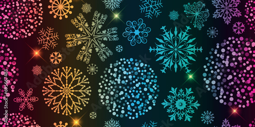 Vector seamless festive pattern with rainbow gradient balls and snowflakes and stars on a black background photo