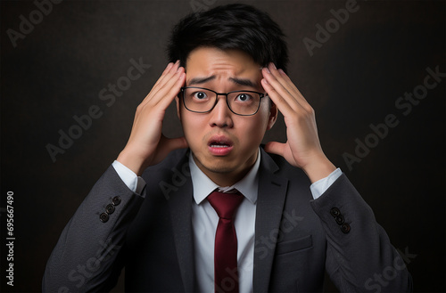 Young Asian Businessman in Discomfort, Stress, Pain in Head, Hands On Head