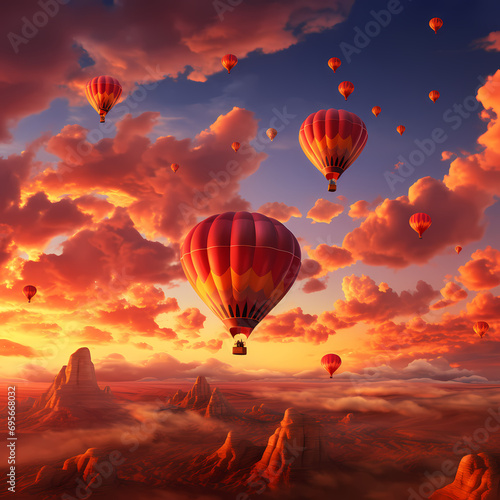 Cluster of hot air balloons drifting against a pastel-colored sunset sky.