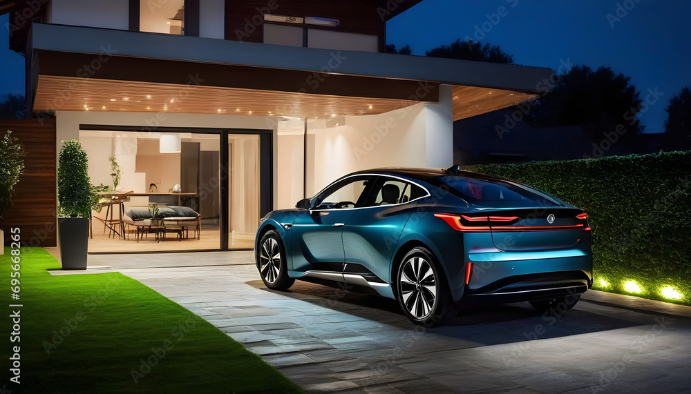 Electric car charging at home in the night