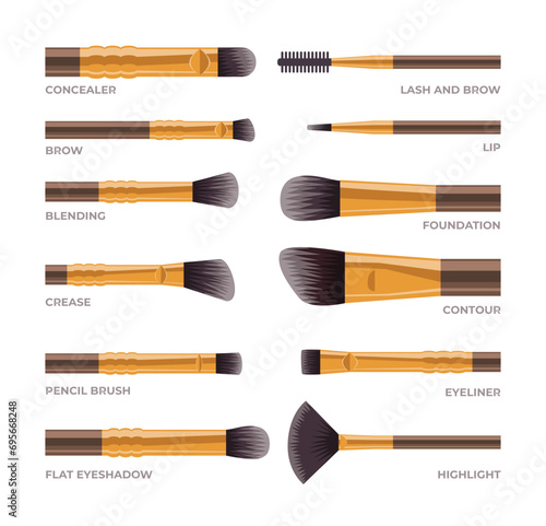 Set of different types of makeup brush beauty cosmetics, Blush, eyeshadow and contour, eyebrow comb, foundation, concealer and bronzer, angle, fan and flat realistic brushes, makeup artis kit