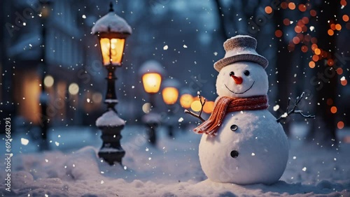 Cute funny snowman In the winter park. it is snowing photo
