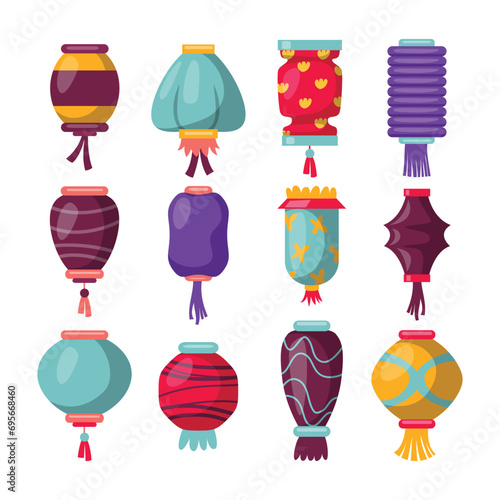 Various colorful cartoon chinese lantern set collection with bright color, Chinese New Year, Mid Autumn Festival background, banner and greeting card, Traditional korean decoration.